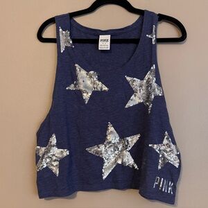 Victoria's Secret PINK Sequin Bling Shine Silver Star Blue Tank Top Women’s Med